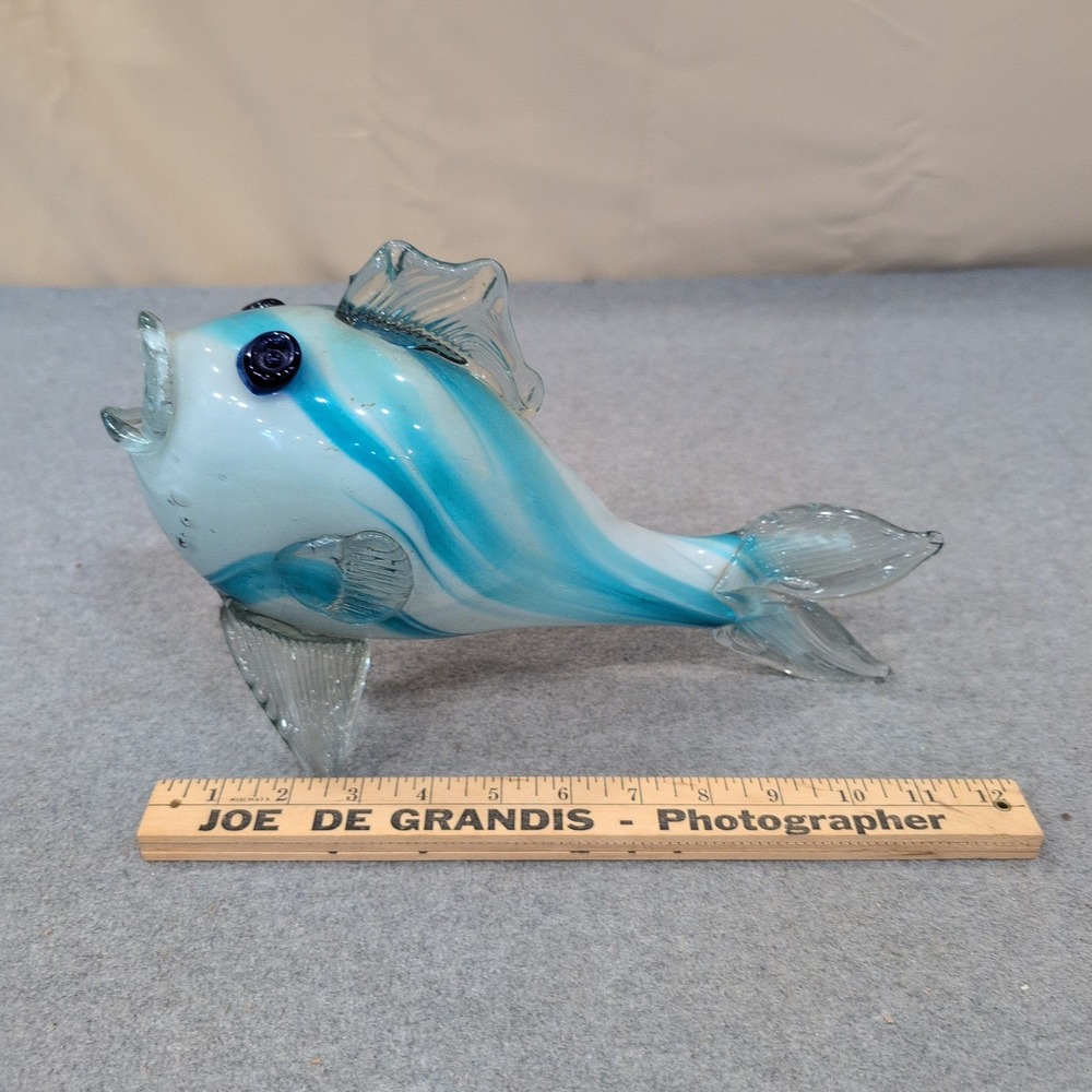 Hand Blown Art Glass Fish Figurine Blue White Swirl Nautical Decor Sculpture - Picture 8 of 8